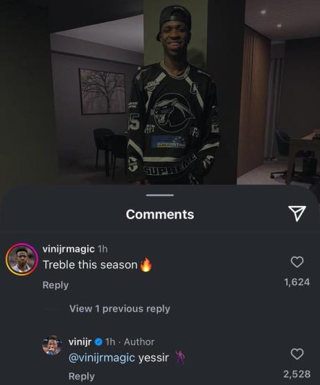 維尼修斯回應(yīng)球迷三冠王期望，社媒回復(fù)用戶留言“Yessir”