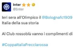 國米官方祝賀博洛尼亞奪冠：隊史第三座意杯冠軍，向你們致敬