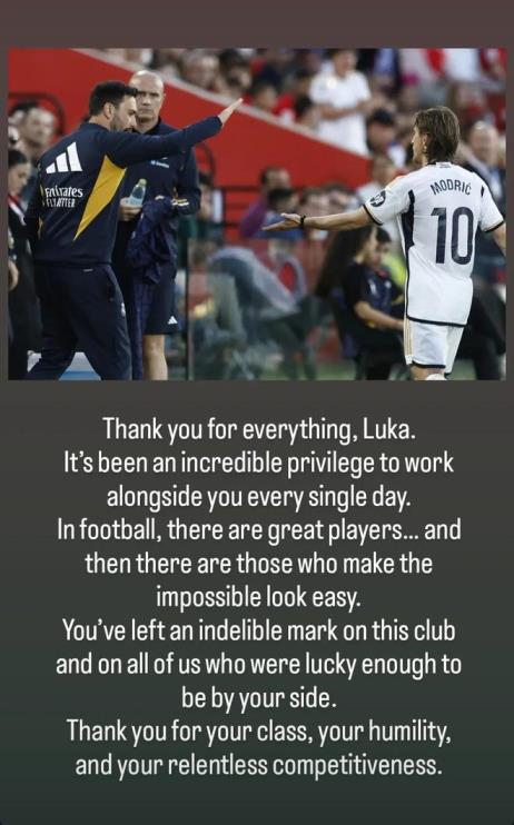 小安切洛蒂致謝莫德里奇：感謝你的一切，與你共事是莫大的幸運